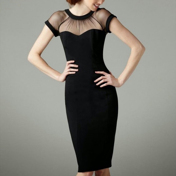 maggy london illusion neck crepe midi dress